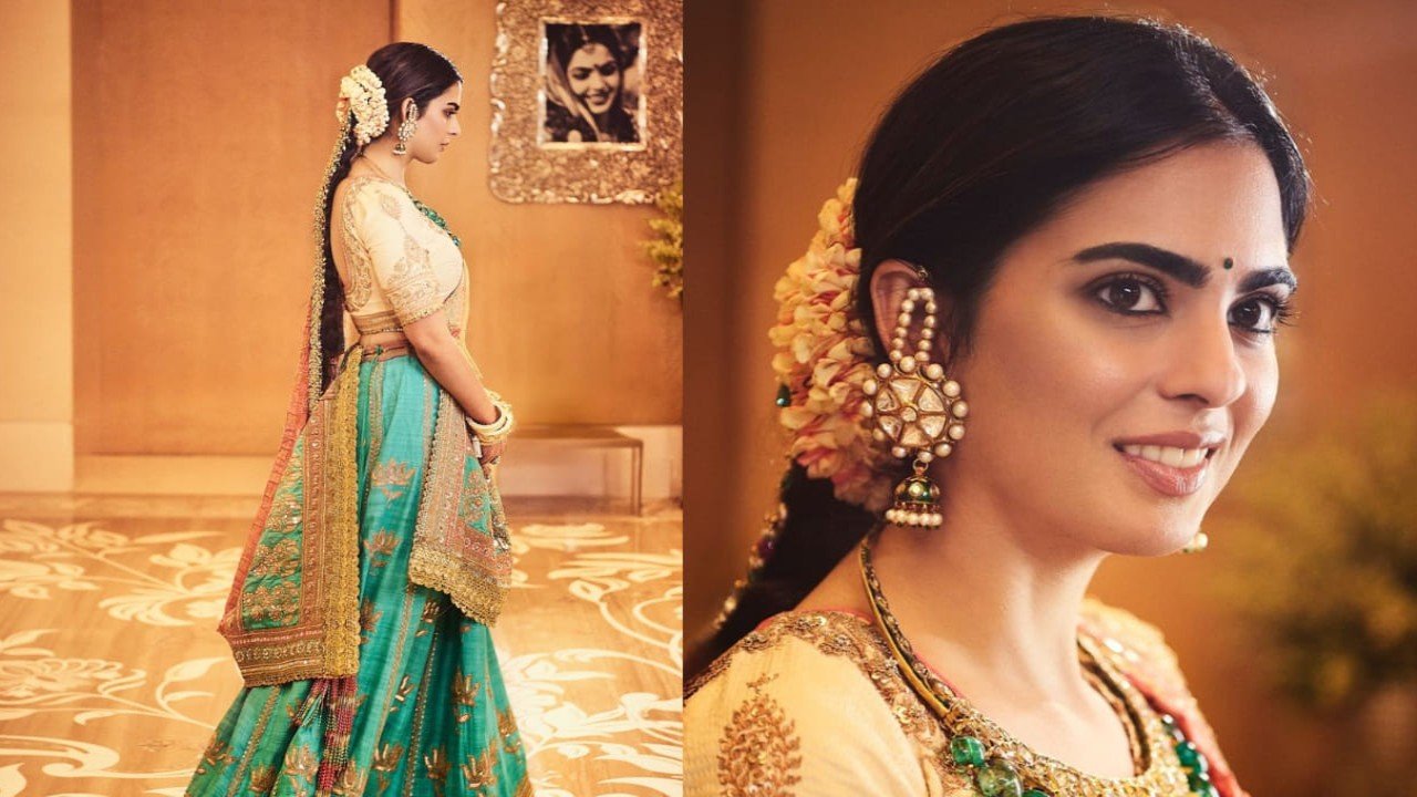 Isha Ambani’s green and pink half-saree for Anant Ambani and Radhika Merchant’s pre-wedding festivities looks like it came straight from a royal closet